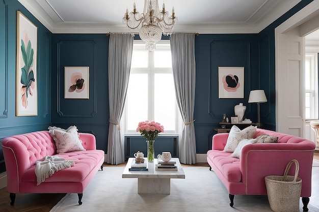 Roze bank in de woonkamer met