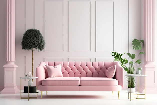 Roze bank in witte woonkamer en kopieer ruimtemuur