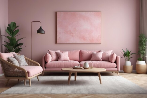 Roze bank met gemodelleerde kussens en houten koffietafel met fauteuil en schilderij