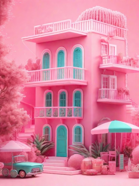 Foto roze barbie-huis buiten in zomerdag ai gegenereerd