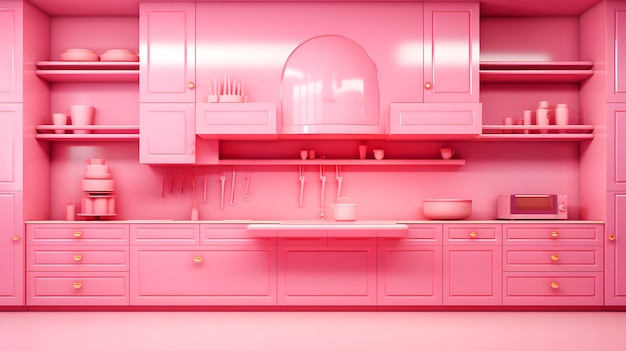 Roze barbie moderne keuken interieur met koelkast en gootsteen 3d render illustratie