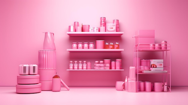 Roze barbie patry interieur met roze planken en kast 3D-rendering