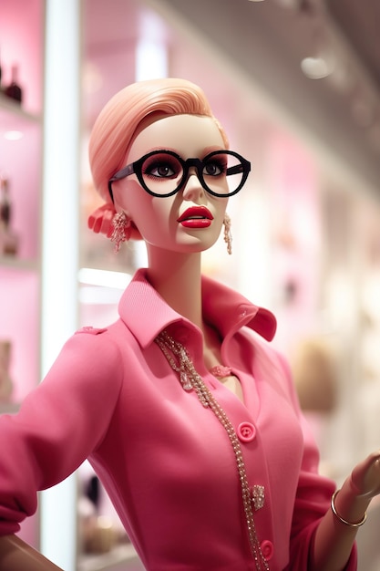 Foto roze barbie-pop met bril in de prada-winkel in de stijl van hoogwaardige foto hoog gedetailleerd