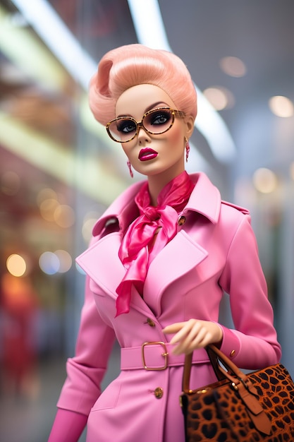 Foto roze barbie-pop met bril in de prada-winkel in de stijl van hoogwaardige foto hoog gedetailleerd