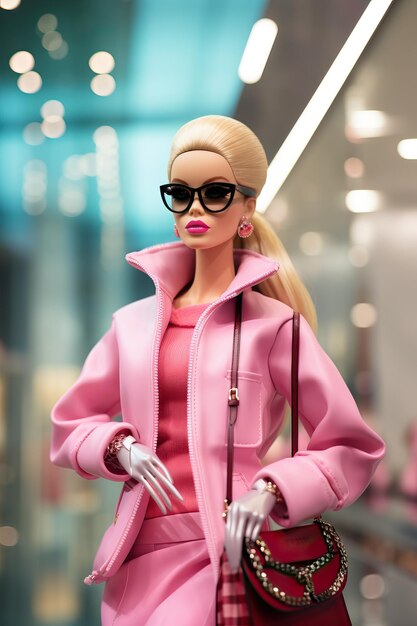 Foto roze barbie-pop met bril in de prada-winkel in de stijl van hoogwaardige foto hoog gedetailleerd