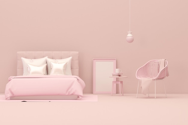 Roze bed- en kameraccessoires Lichte achtergrond met kopieerruimte Minimale 3D-rendering