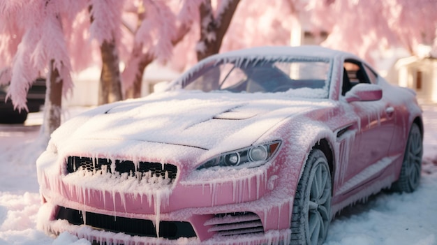 roze bevroren auto vorst winter auto en sakura boom generatieve ai