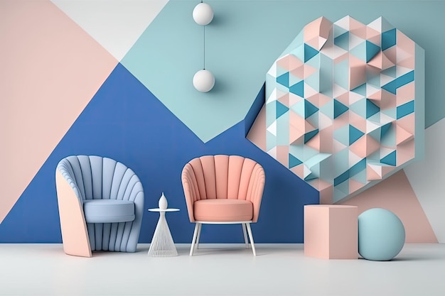 Roze blauwe en witte stoelen bank en fauteuil minimalistische geometrische installatie kunst mockup