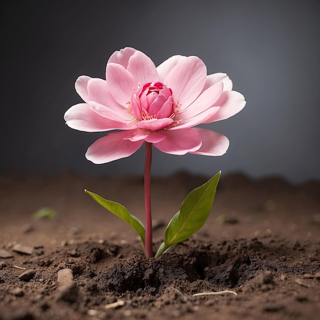 Roze bloem groeit uit de grond