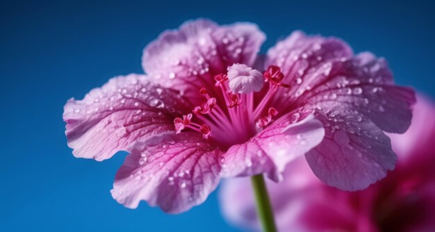 Roze bloem in bloei dauwdruppels glinsterend tegen een blauwe lucht achtergrond