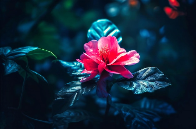 Roze bloem met bladeren op een achtergrond van donkerblauw