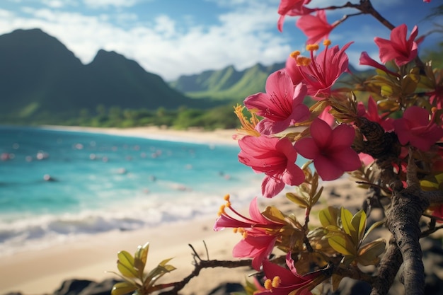 Foto roze bloem op een boom bij het strand