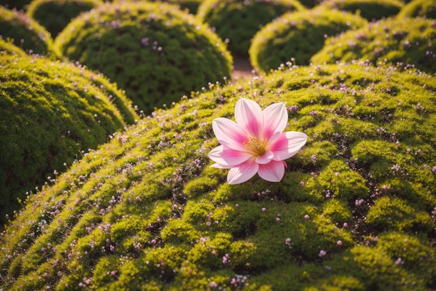 Roze bloem op een steen bedekt met mos