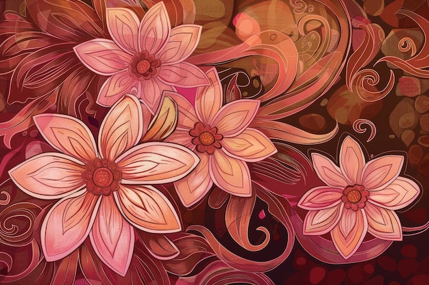 Roze bloemen bloeien op een wervelende bruine en beige abstracte achtergrond Wervelende patronen en bochten omhullen de bloemen een mengeling van bruine en Beige tonen