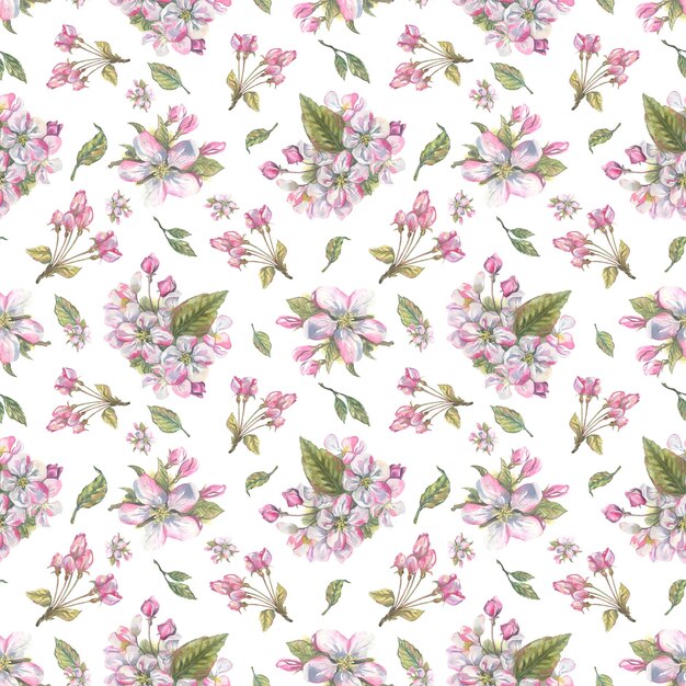 Roze bloemen en bloeiwijzen appelbloesemknoppen met bladeren op een witte achtergrond Naadloos patroon Aquarel illustratie Voor decoratie en ontwerp van lente- en zomerafdrukken