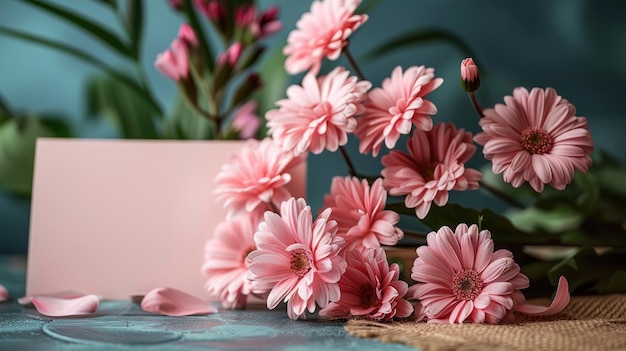 Roze bloemen en kaart op tafel