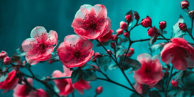 Roze bloemen in het voorjaar op een turquoise achtergrond