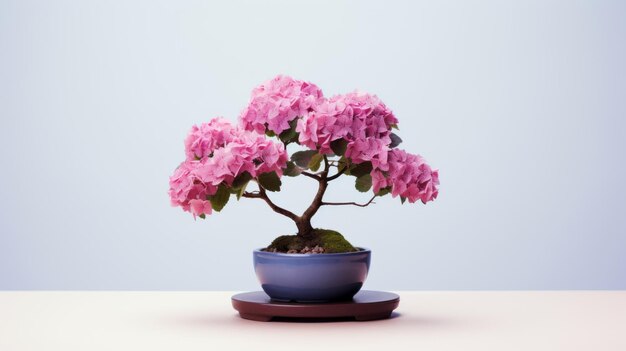 Foto roze bloemen in moderne keramische bonsai boom solarisatie-effect en minimale retouchering