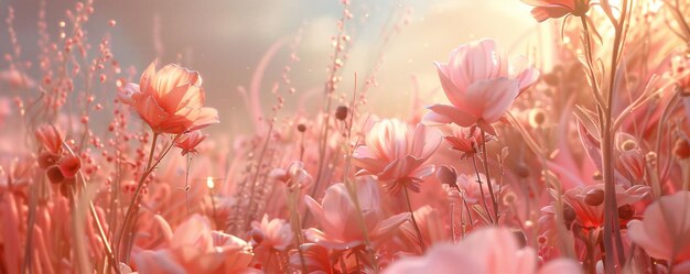 Roze bloemen in surrealistisch 3D-landschap zachte en dromerige tonen sprookje