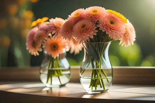 Foto roze bloemen in vazen op een plank met daarachter een raam.