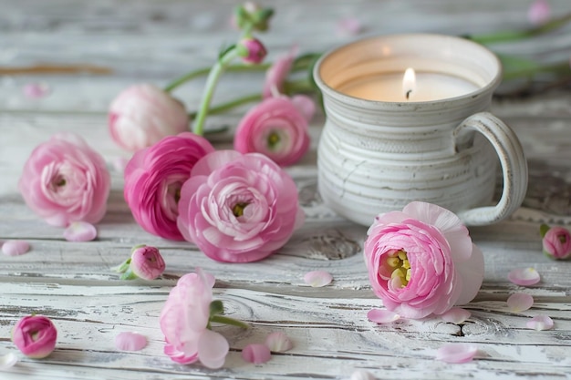 Roze bloemen met aangestoken kaarsen op een witte houten tafel in Scandinavische stijl