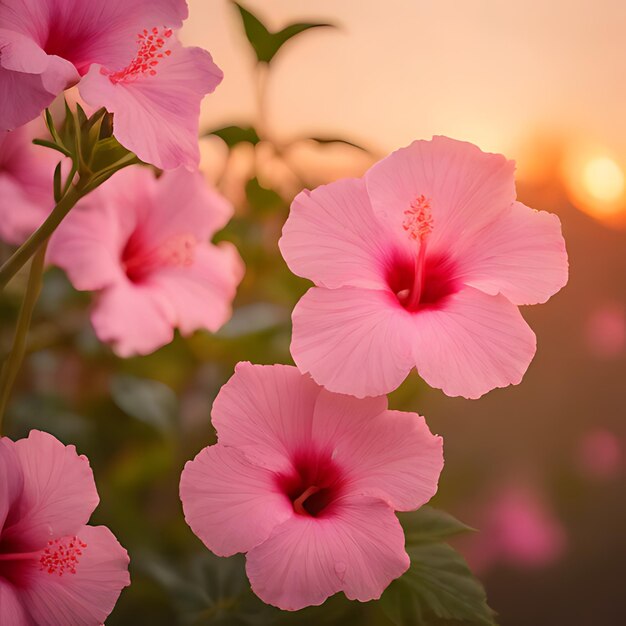 roze bloemen met de zon die achter hen ondergaat