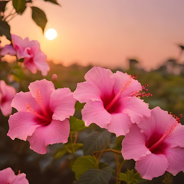 roze bloemen met de zon die achter hen ondergaat