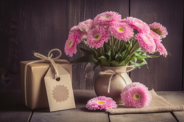 Roze bloemen met een geschenk op houten tafel voor mother39s day Ai generatief