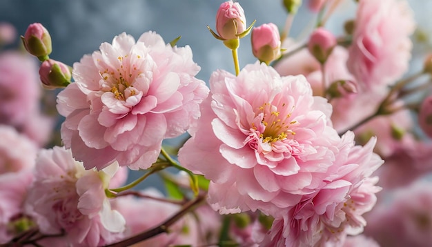 roze bloemen op de tak blauwe achtergrond