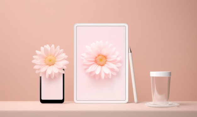 Roze bloemen op een roze achtergrond naast een tablet met een roze frame met de tekst 'madeliefje'