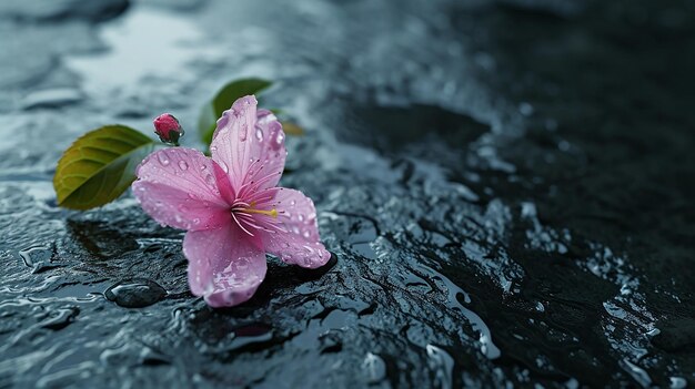 Roze bloemen op een zwart natte stenen oppervlak