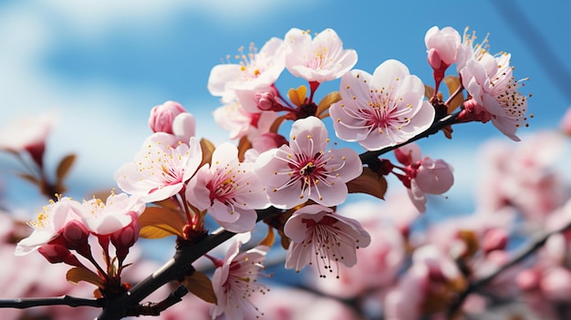 roze bloemen op takken met een bewolkte blauwe lucht