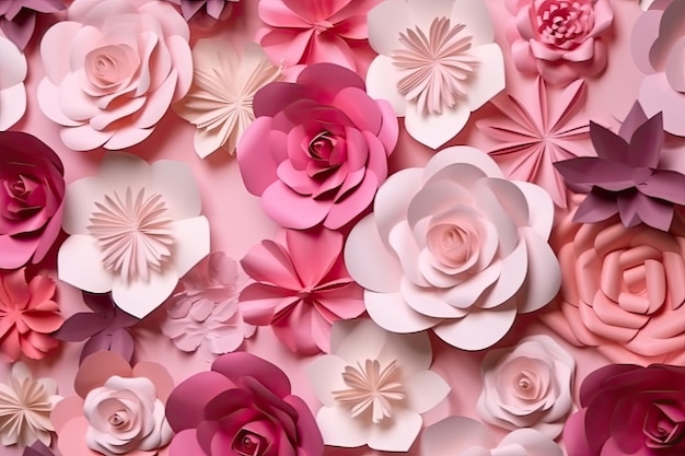 Roze bloemen patroon achtergrond met kopie ruimte papier gesneden kunst generatieve AI