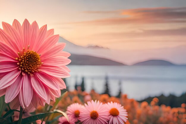 roze bloemen voor een berg met een berg op de achtergrond.