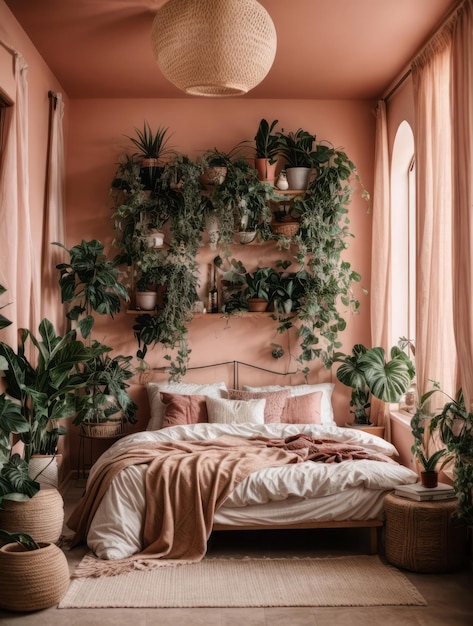 Roze boho slaapkamer met veel planten en rosa muur