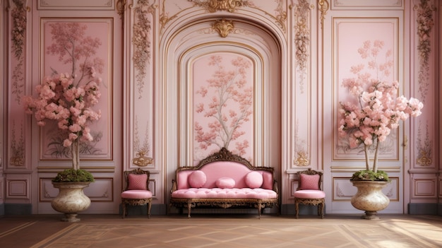 Roze boiserie siert het traditionele interieur