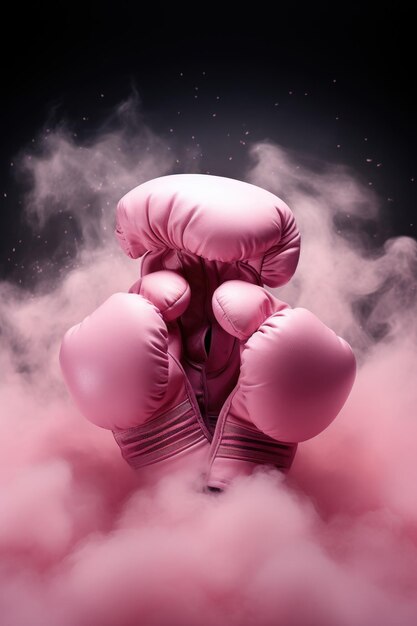 Roze bokshandschoenen in de mist