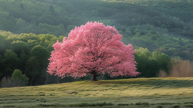 Roze boom die in het grasveld staat