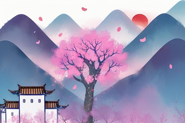 Foto roze boom huis berg zonsondergang chinese waterverf abstracte kunst behang achtergrond illustratie
