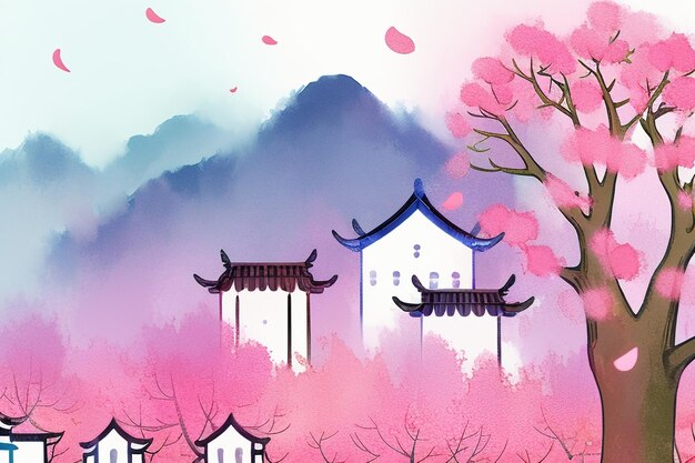 Roze boom huis berg zonsondergang Chinese waterverf abstracte kunst behang achtergrond illustratie