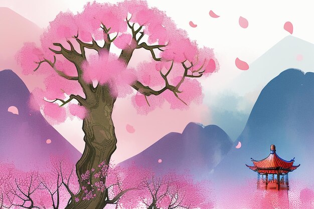 Roze boomhut berg zonsondergang chinese aquarel abstracte kunst wallpaper achtergrond illustratie