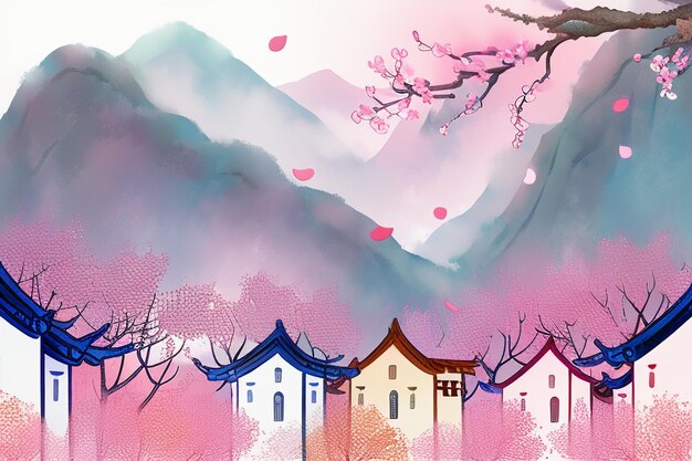 Foto roze boomhut berg zonsondergang chinese aquarel abstracte kunst wallpaper achtergrond illustratie