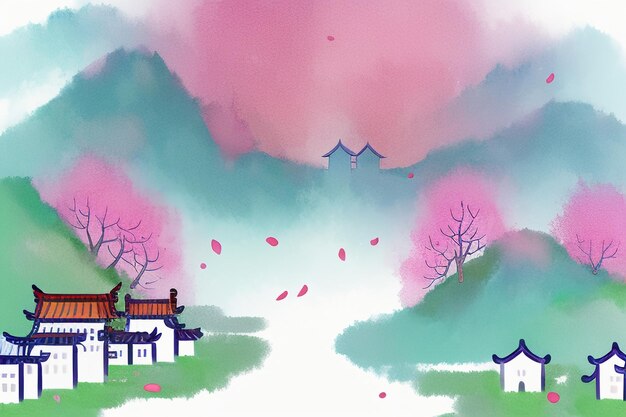 Roze boomhut berg zonsondergang chinese aquarel abstracte kunst wallpaper achtergrond illustratie