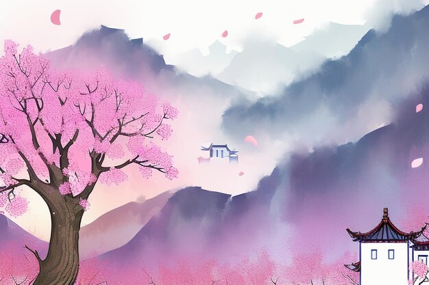 Foto roze boomhut berg zonsondergang chinese aquarel abstracte kunst wallpaper achtergrond illustratie