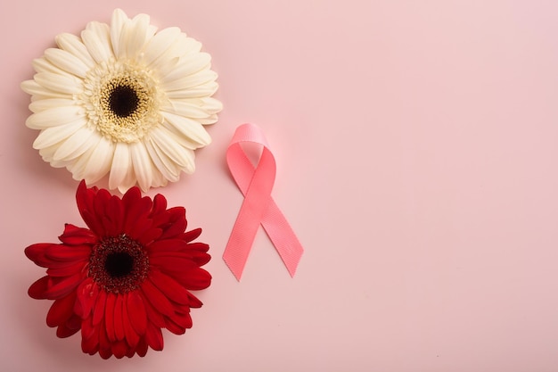 Roze borstkanker bewustzijn lint rode en witte gerbera en roze lint op achtergronden borstkanker bewustzijn en oktober roze dag wereld kanker dag bovenaanzicht mock up