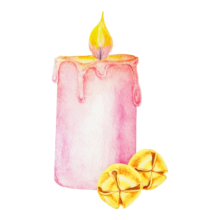 Foto roze brandende was kaars en gouden metalen jingle bel uitgeknipt geïsoleerde clip art met de hand getekende waterverf