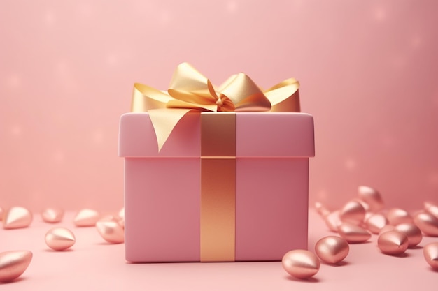 roze cadeau doos met gouden lint en hart romantisch banner liefdesconcept op roze achtergrond