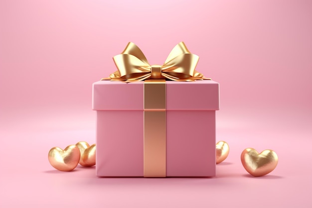 roze cadeau doos met gouden lint en hart romantisch banner liefdesconcept op roze achtergrond