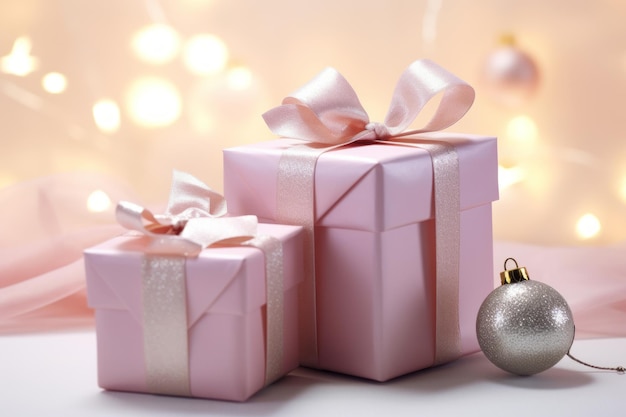 Roze cadeau dozen met strik en kerstbal op bokeh achtergrond