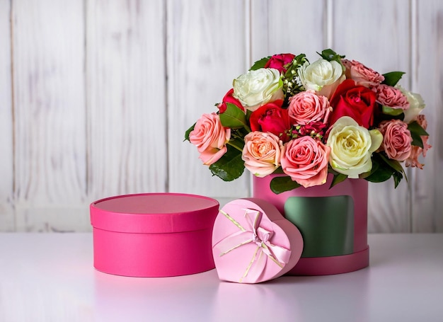 Roze cadeau met bloemenboeket